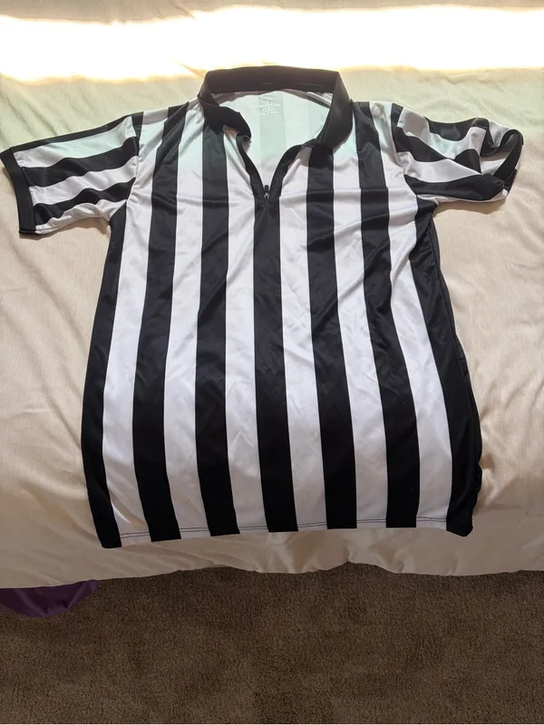 Women’s Black & White Striped Referee Polo Shirt size small - Image 3