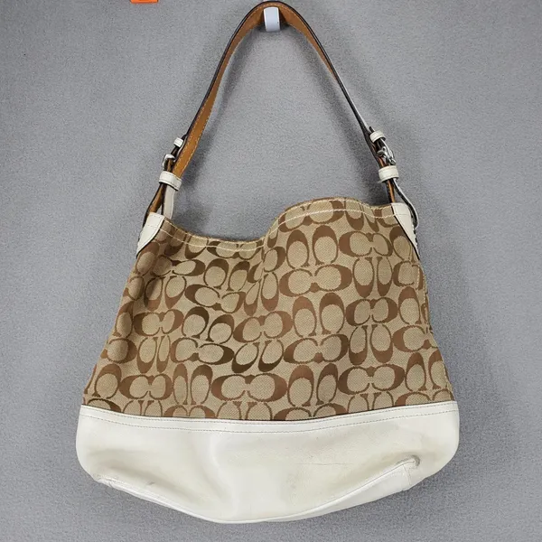 Coach Shoulder Bag Brown White Signature C Jacquard Leather 2156 Hobo Y2K - Image 8