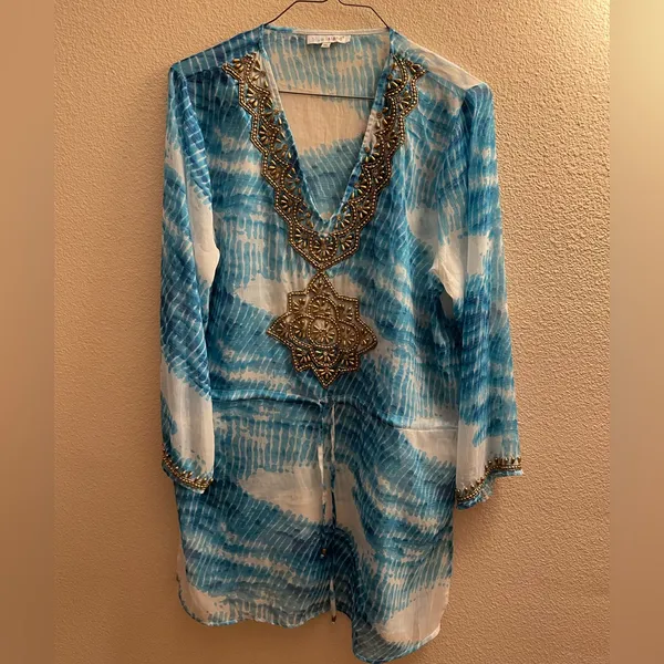 Blue Island Gorgeous Coverup/ Tops /Dress with Golden Beads Design in front & along neckline - Image 3