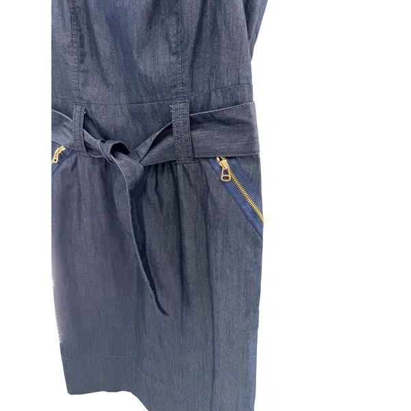 Ann Taylor Womens 12 Dark Wash Denim Belted Sheath Dress Gold Zip Pockets 228683 - Image 2