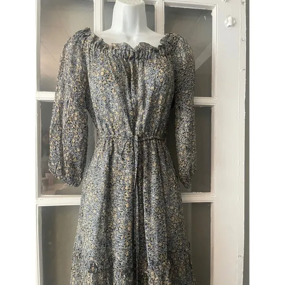 Anthropologie Blue Floral Kira Smocked Off The Shoulder Boho Peasant Dress - Image 7