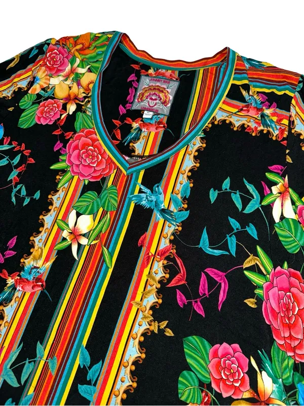 Johnny Was Women’s Size XL Black Multi Floral Bird Stripe V-Neck Tee T-Shirt - Image 4