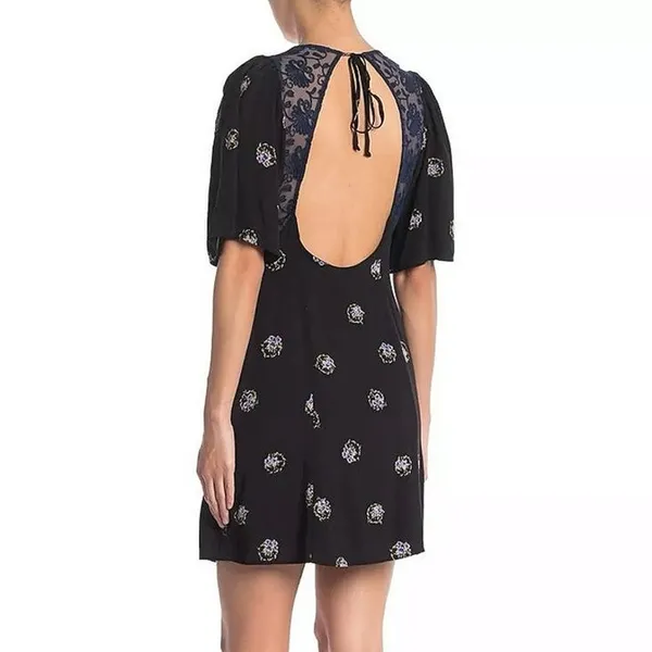 Free People Mockingbird Black Floral Deep V-Neck Open-Back Lace Mini Dress Sz 2 - Image 14