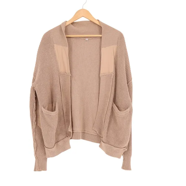 Womens Cardigan Sweater Medium Tan Chunky Knit Open Front Drop Shoulder Winter - Image 2