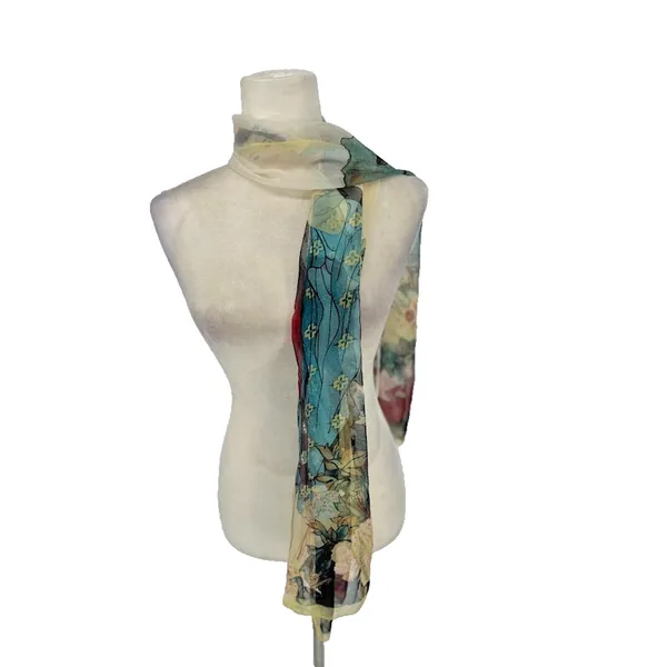 Silk Blend Scarf Asian Geisha Floral Print 66 x 19 Rectangle Art‎ Wall Decor - Image 5