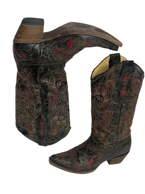 CORRAL Black Crackle Red Inlay Snip Toe Western Cowboy Boots Size 8M A1951 - Image 8