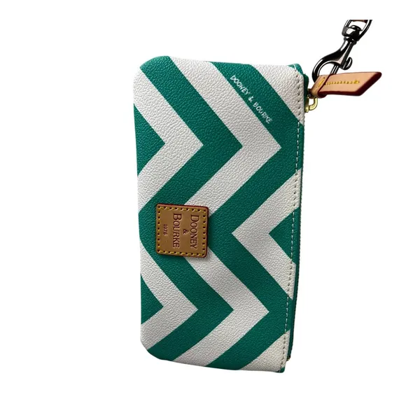 Dooney & Bourke Chevron Tote Bag Teal White Leather Trim Shoulder Bag & Wristlet - Image 7