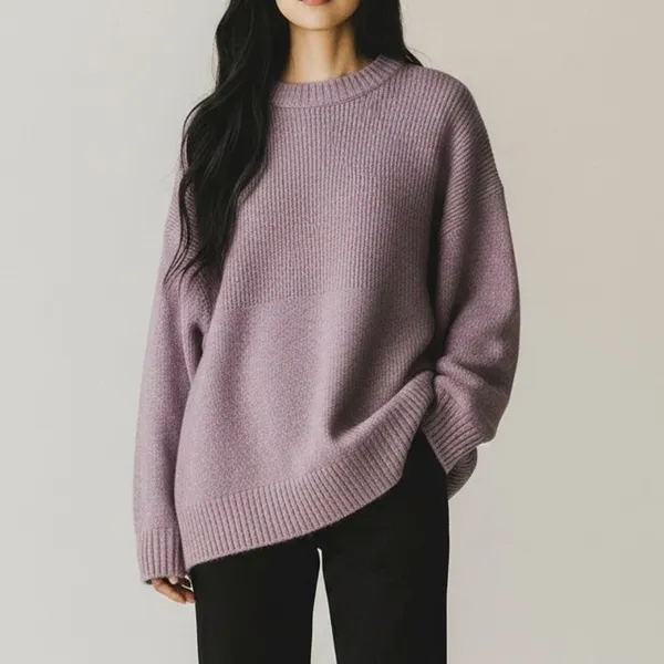 ZARA Oversized Ribbed Hem Long Sleeve Round Neck Pullover Sweater M Purple - Image 11