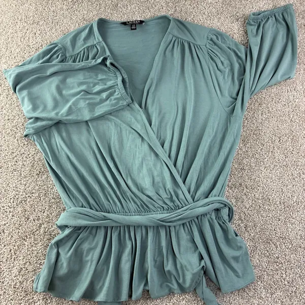 Lauren Ralph Lauren Black Label Wrap Top Womens L Teal Peplum Jersey V Neck Soft - Image 11
