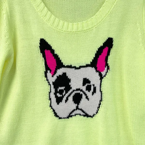 LEI Neon Yellow Sweater XL French Bulldog Dog Graphic Knit Dopamine Kitsch Twee - Image 4