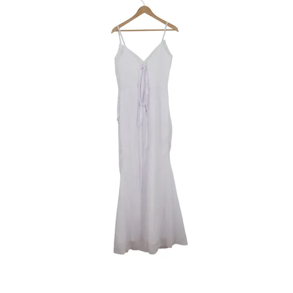 White Ruched V-Neck Lace Up Back Maxi Gown Formal Dress - Image 3
