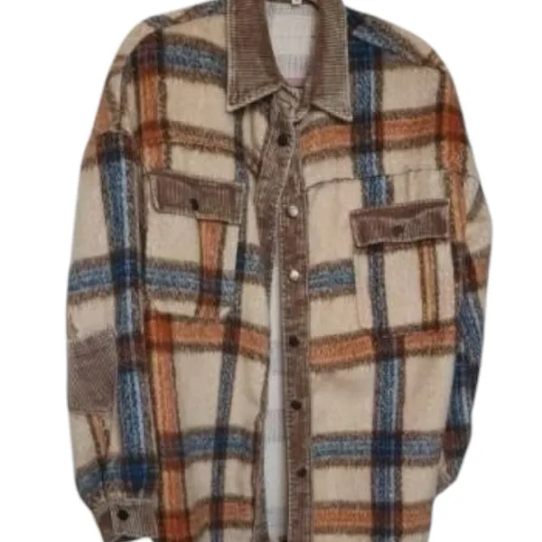 POL Collared Button Down Plaid Shacket Size L Beige Blue Orange - Image 2