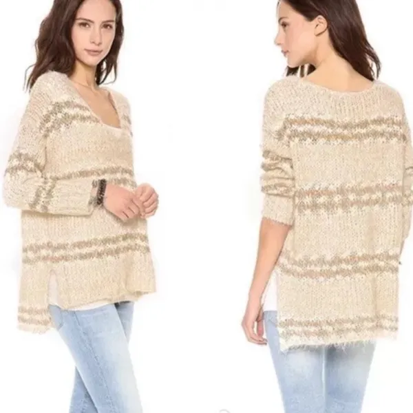 Free People Linus fuzzy striped sweater cotton wool blend in natural M - Image 9