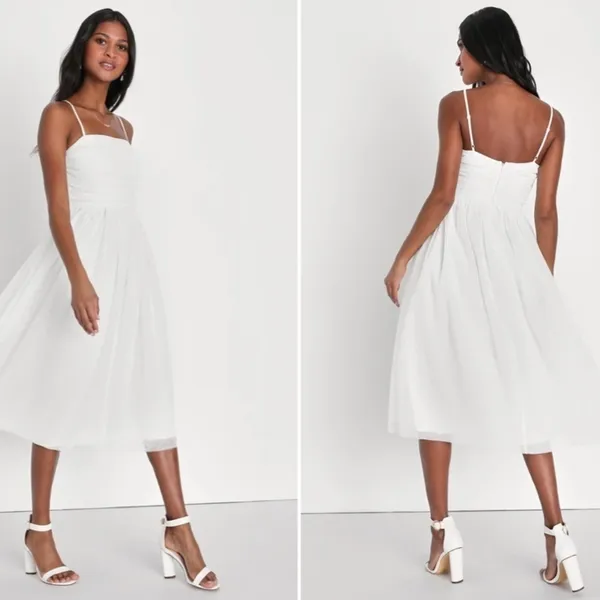 LULU's Bridal Shower Engagement Swiss Dot Romantic Flowy Midi Dress - Image 3