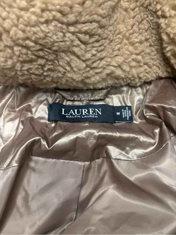 Ralph Lauren RLR Puffer Jacket Hooded Full Zip Womens Size Medium Brown Faux Fur - Image 6
