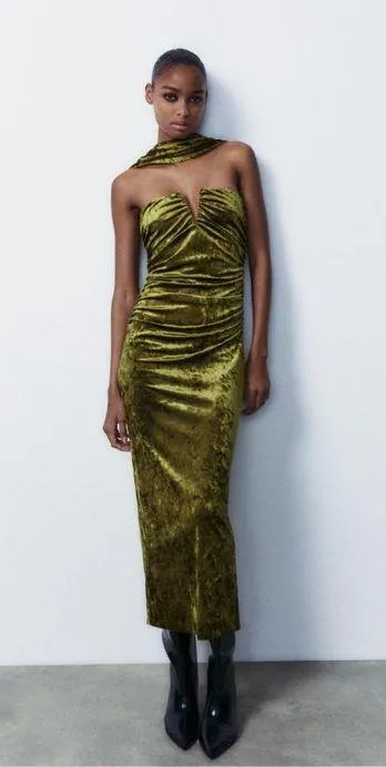 Zara dress velvet Halter neck shawl corset bodycon velour green evening gown - Image 12