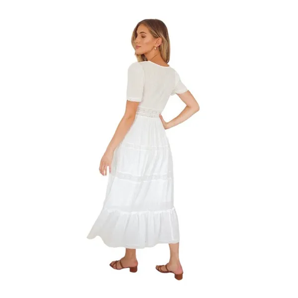 Lulu's Folklore Swiss Dot Lace Trim Tiered Gauze Midi Dress Pinstripe White M - Image 2