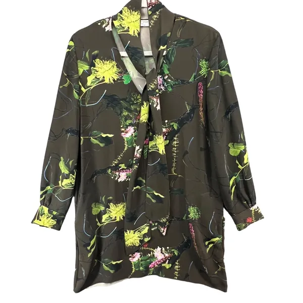 Babaton Tunic Mini Dress‎ S Green Floral Tie Neck Pockets Fairy Grunge Whimsy - Image 2