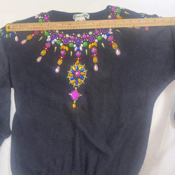Vintage Beaded Jewel Black Sweater 80s 90s Glam Maximalist Statement Artsy Small - Image 8