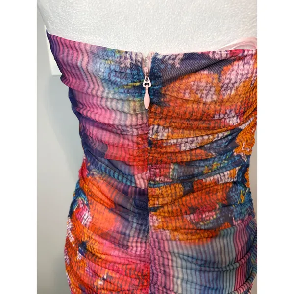 Anthropologie The Soleil Slim Strapless Ruched Mesh Midi‎ Dress Pink Abstract - Image 6