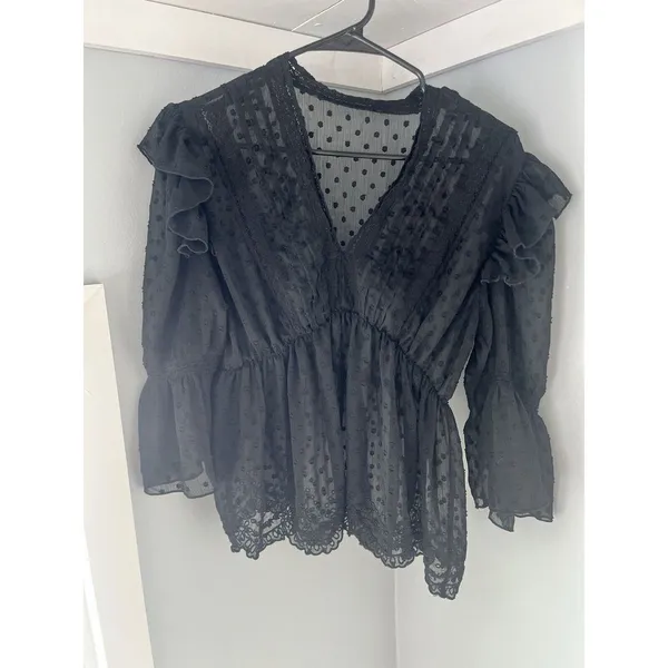 Zara‎ Black Swiss Dot Ruffled Scalopped bottom Sheer Blouse Women's Small - Image 2