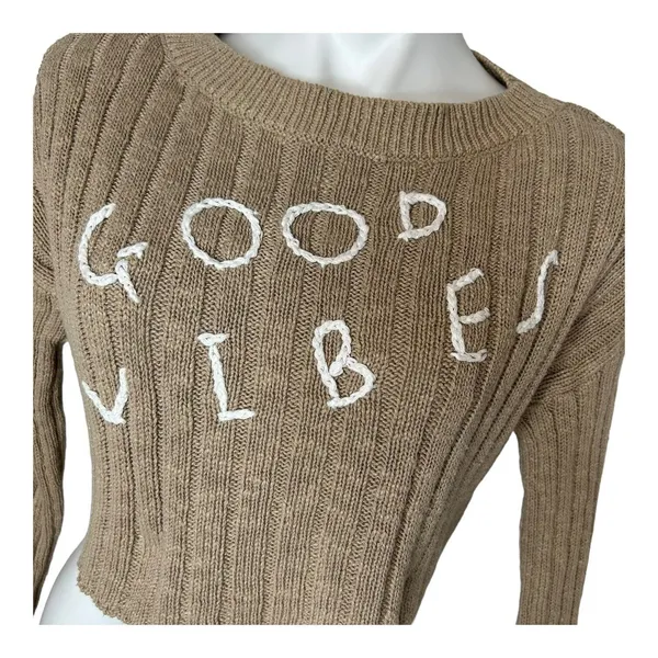“Good Vibes” Rib Knit Crop Long Sleeve Sweater Tan Size Medium‎ - Image 6