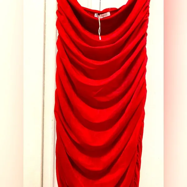NWOT Zara Deep Red Hot Slinky Ruched Tube Dress Large ❤️ - Image 2