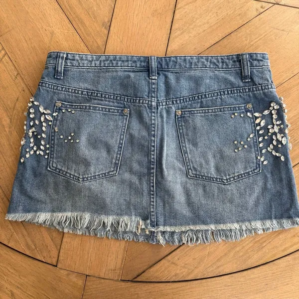 Free People Shine Bright Shine Far Medium Wash Denim Rhinestone Mini Skirt - Image 3