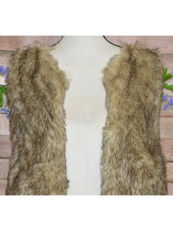 Brown Faux Fur Vest Womens L Black Sweater Knit Back Boho Western Open Front - Image 3