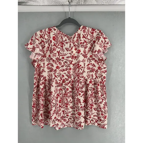 Vivilli Womens Blouse Floral Boho Tassel Tie Flutter Sleeve White Red Large - Image 3