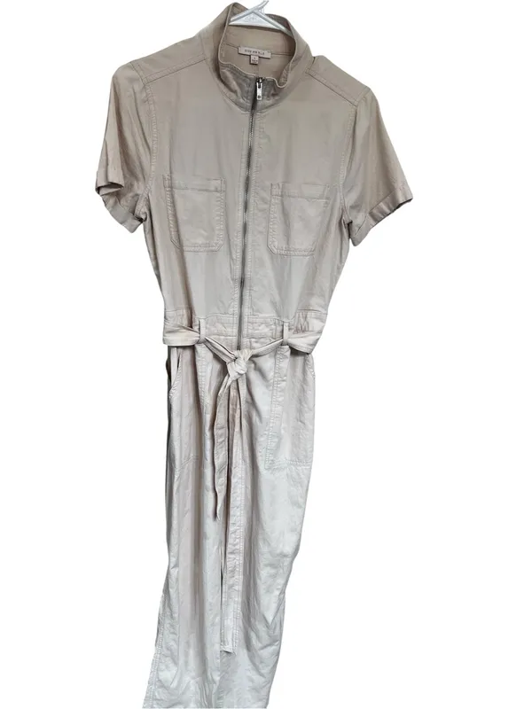 Skies Are Blue Short-Sleeve Beige Utility Jumpsuit - Image 5