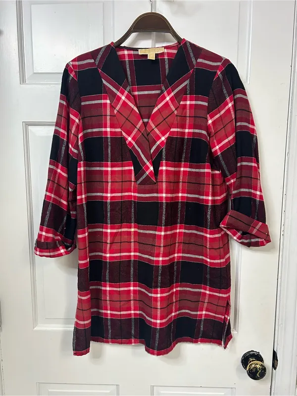 Michael Kors Red and Black Plaid V-Neck Tunic - Image 4