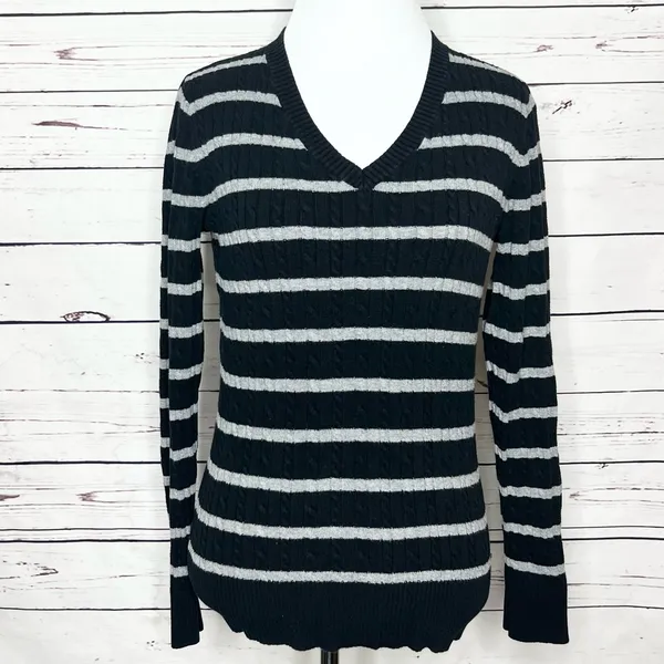 Merona Black & Gray Striped V Neck Pullover Sweater Top Size Small - Image 3