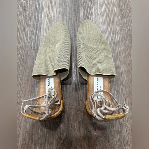 Philippe Model Paris Textured Grey Ankle-Tie Pointed Flats Designer Shoes‎ - Image 6