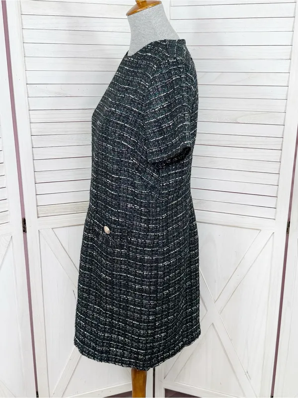 Loft Tweed Front Pocket Shift Dress Black Teal Size 4 Preppy Office Retro Boucle - Image 3
