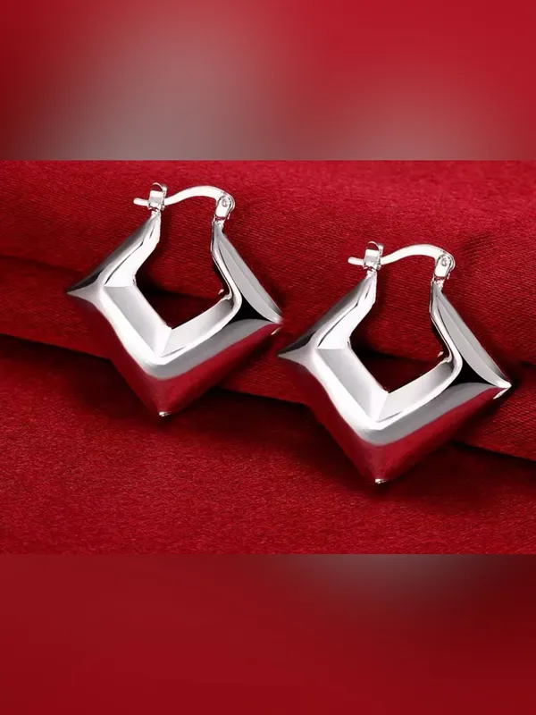 .925 Sterling Silver Geometric Hoop Earrings - Silver - Image 2