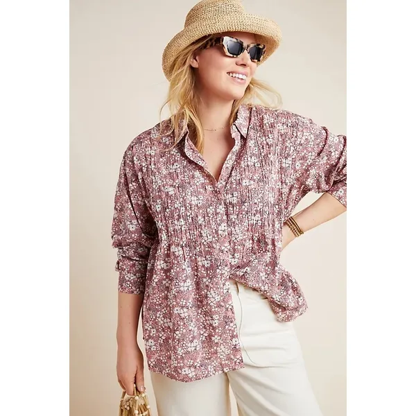 Anthropologie Pilcro L Button Down Pintuck Ditsy Floral Relaxed Top Mauve Pink - Image 2