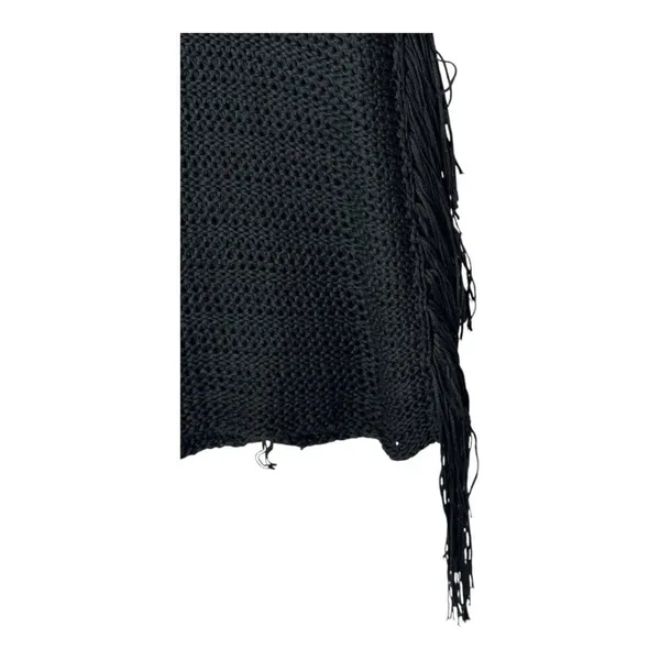 Zara Sweater Women Small Black Open Knit V Back Fringe Sides Short‎ Sleeve Tunic - Image 6