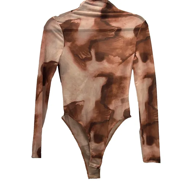 SheIn Sheer Body Suit Small Abstract Print Brown Travel‎ Vacation Layering Maximalist - Image 2