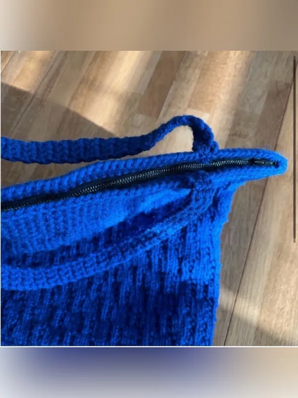 Knitted Handmade Purse Tote Bag Royal Blue - Image 3