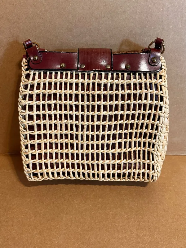 Vintage 1980'S Dark Mahogany Brown Leather And Straw Shoulder Tote Bag - Image 3