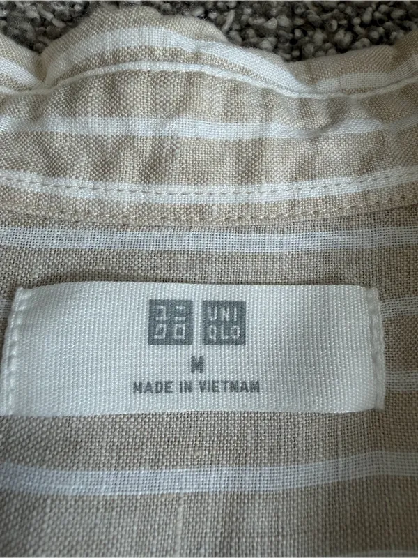 Uniqlo Women’s M Beige White Striped Linen Blend Button Down Shirt - Image 3