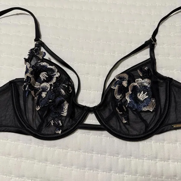 Bluebella Mesh Floral Cage Bra Black Blue Size 32C Strappy Flower Applique - Image 12