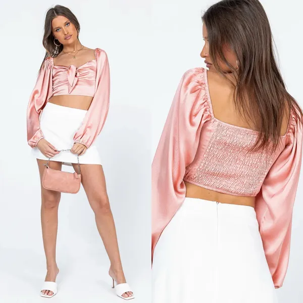 Princess Polly Cropped Long Sleeve Estee Top in Light Pink Satin Size 4 - Image 9