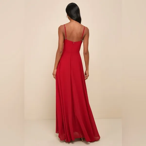 LULU’S Cause For Commotion Red Pleated Bustier Maxi Dress - Image 3