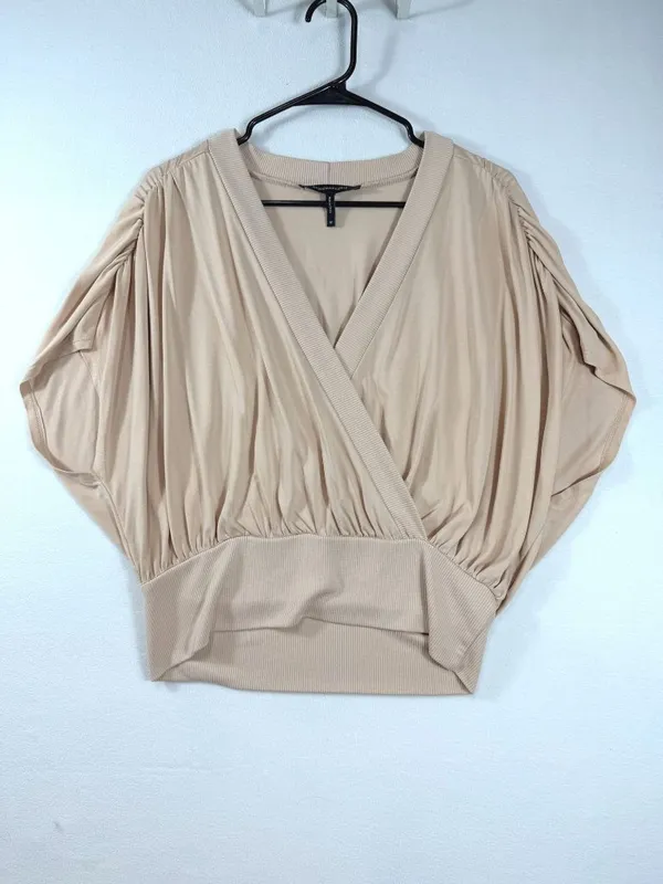BCBGMAXAZRIA Women’s M Beige Surplice‎ Dolman Sleeve Banded Hem Blouse - Image 2