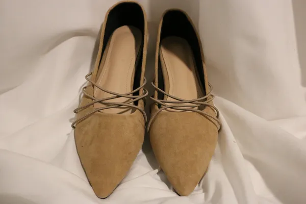 Tan Suede Pointed Toe Flats Ballet Cross Front Straps Strappy Detail - Image 8