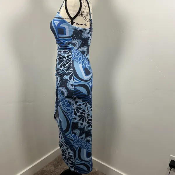 Urban Outfitters Midi Dress XS Blue Psychedelic‎ Ruched Tulip Hem Excellent - Image 4