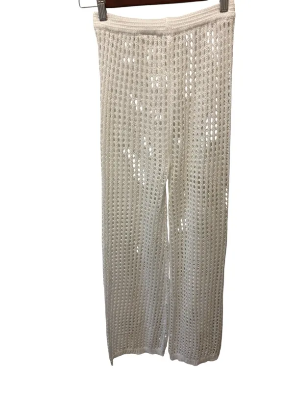 Boutique Full Length Crochet White Beach Swim Cover Pant Sz S Drawstring Knit - Image 3