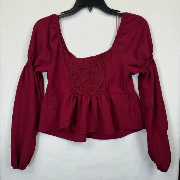 Kirious Los Angeles Blouse Womens Small Burgundy Tie-Front Peplum Long - Image 2